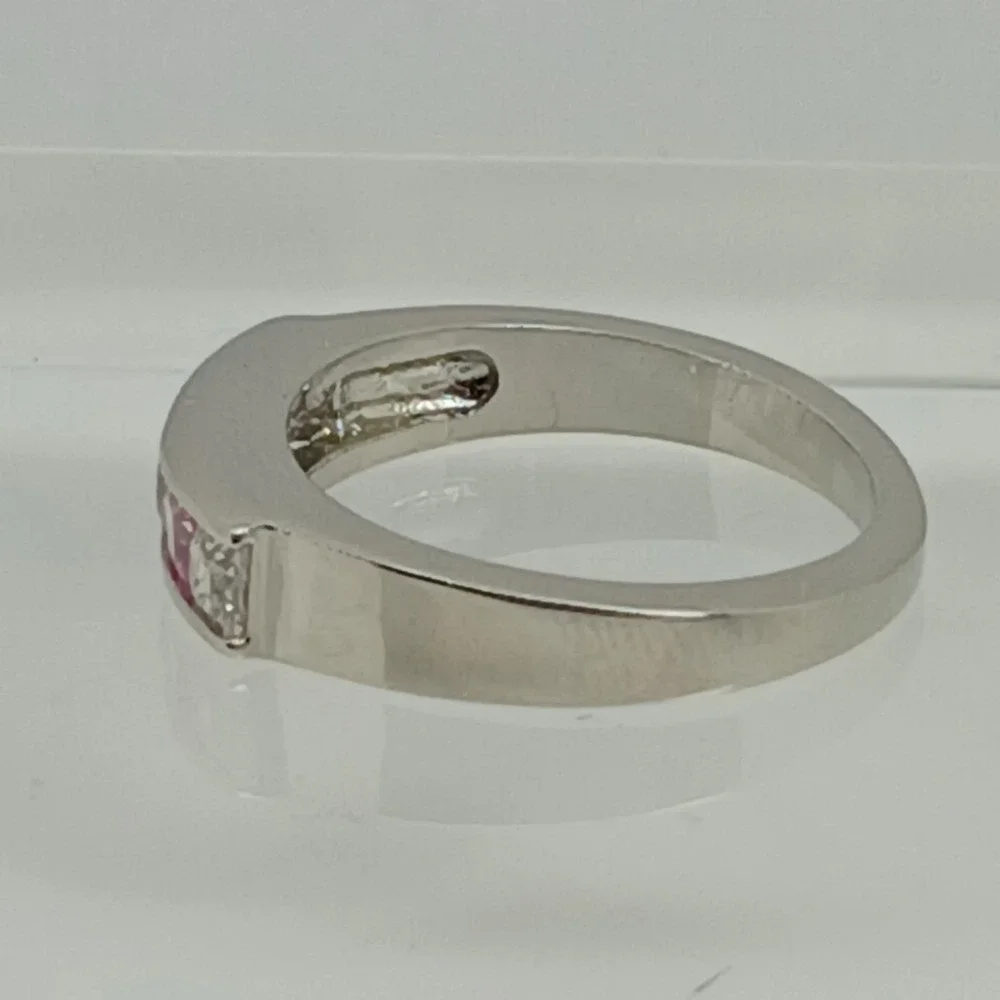 Vintage 90s Pink Clear Princess Cut CZ Channel Set Silver Tone Band Ring Size 10